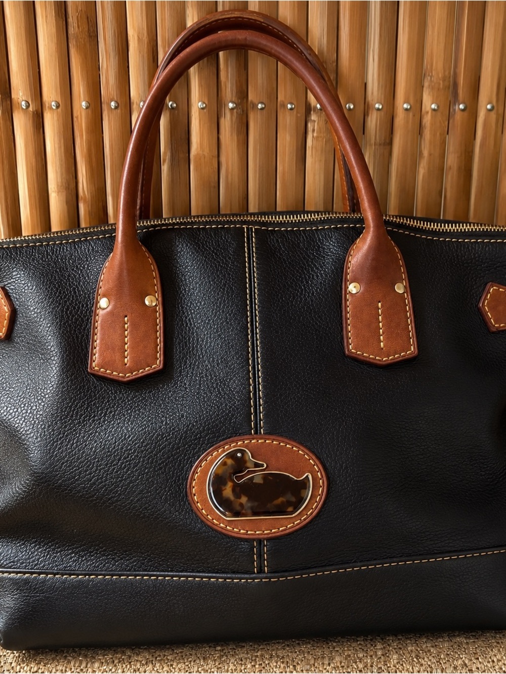 Vintage Dooney & Bourke Black Leather Satchel Tote Bag with Tortoise Shell Duck